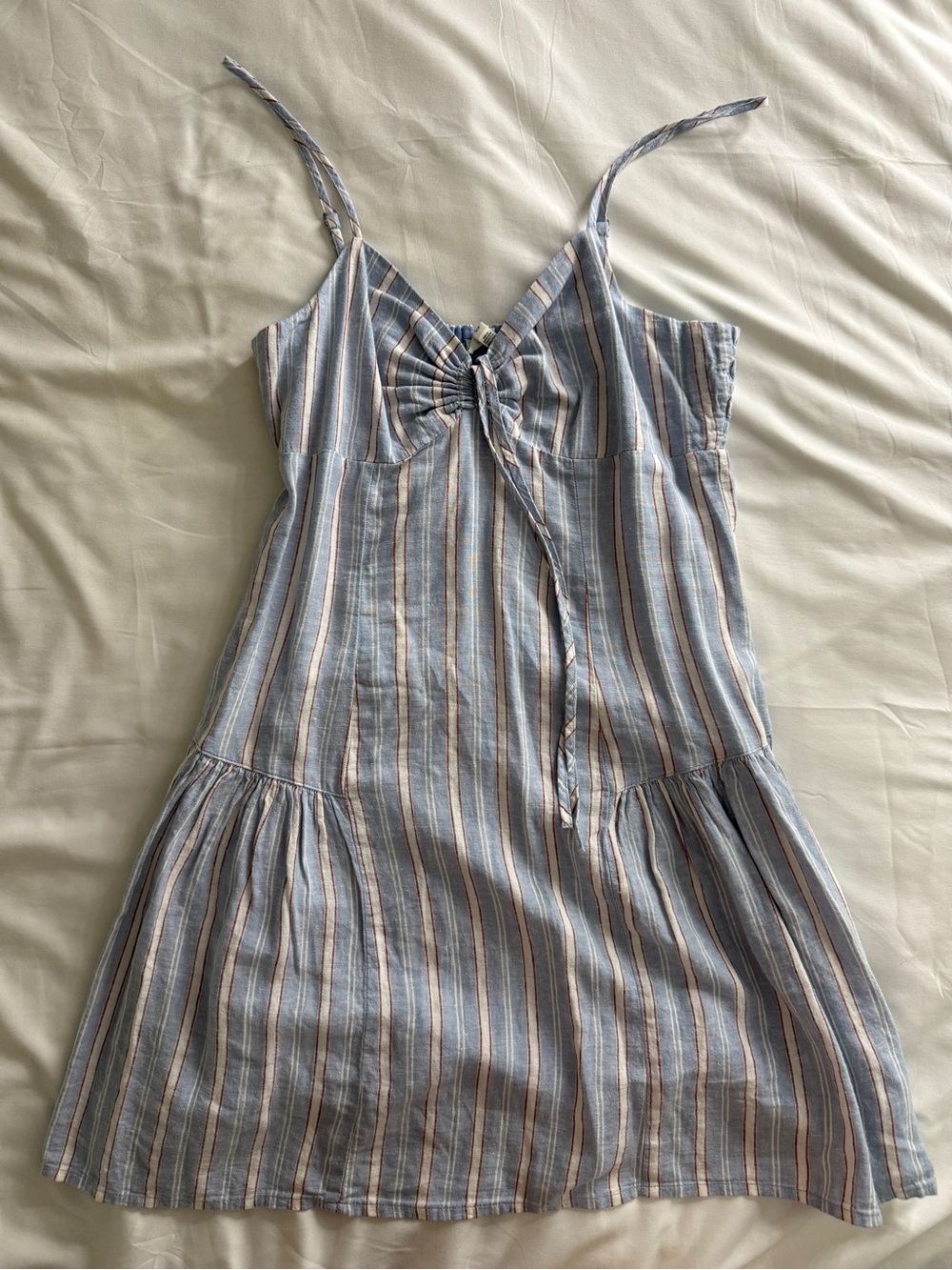 Aerie flowy mini dress with ruching and tie detail in red, white, blue stripe